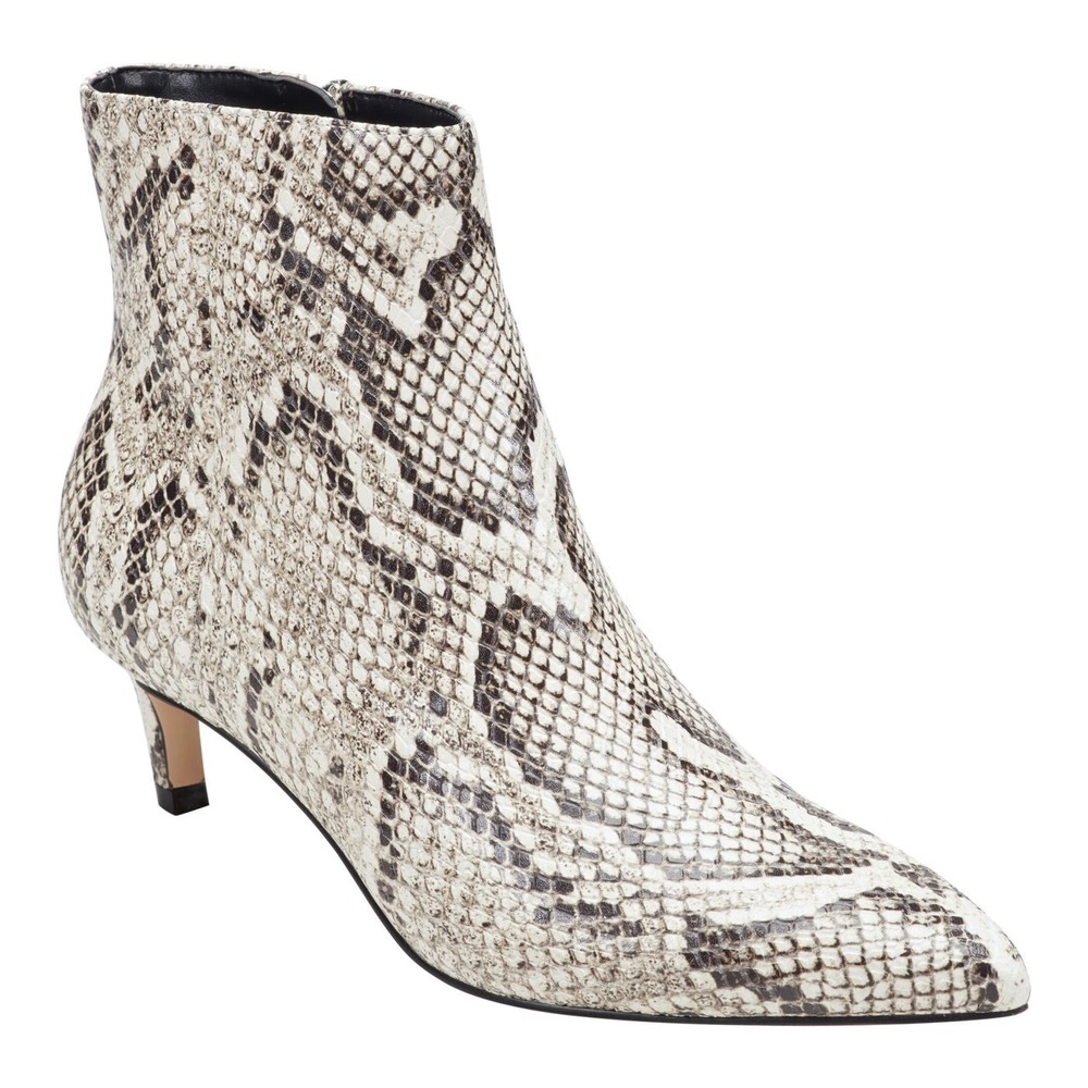 Marc Fisher Itzia Ankle Boots Women 8M Cream Black Snakeskin Leather Kitten Heel